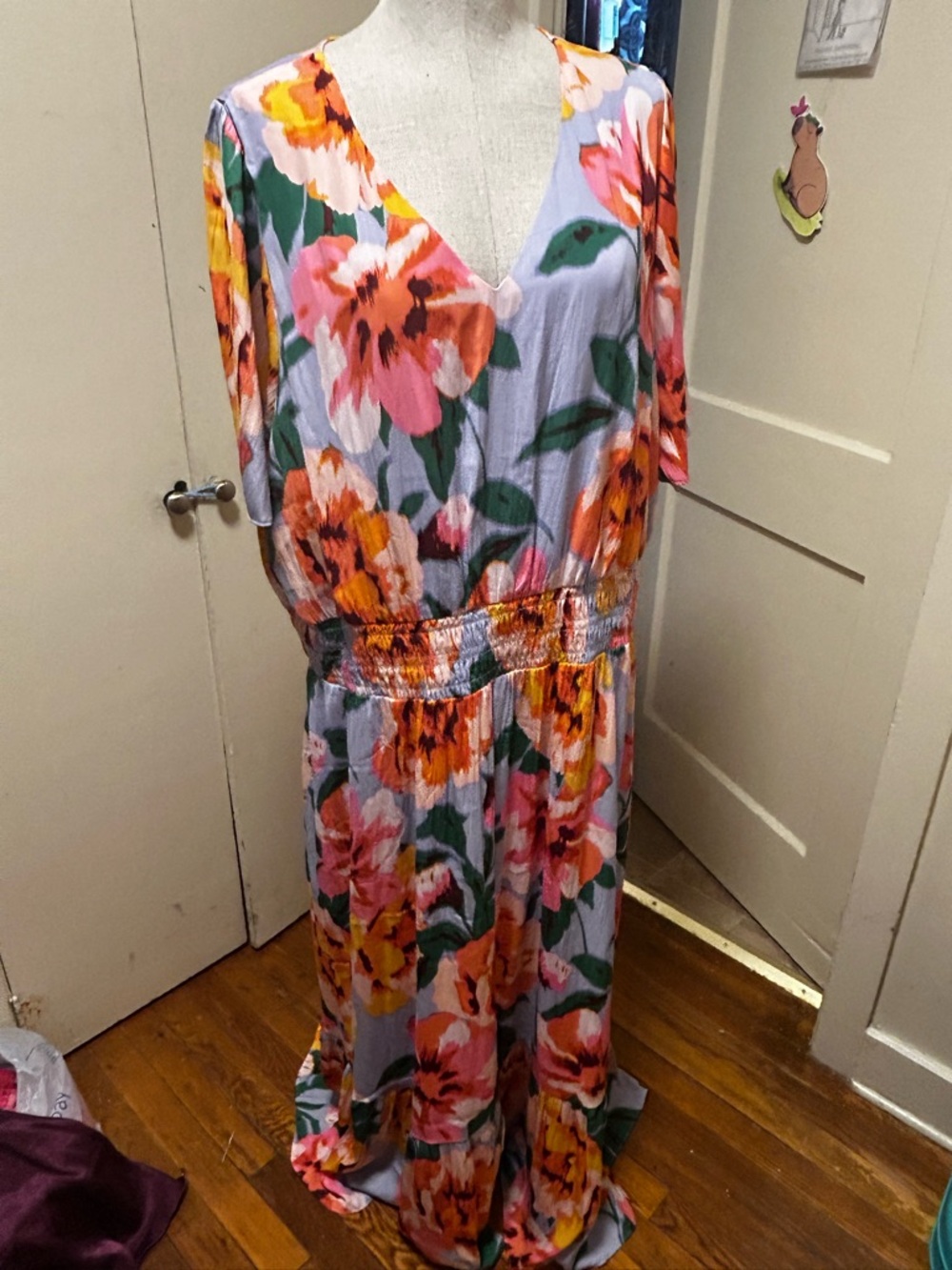 Isaac Mizrahi Live! Floral V-Neck Dress in Lavender, Coral and Green